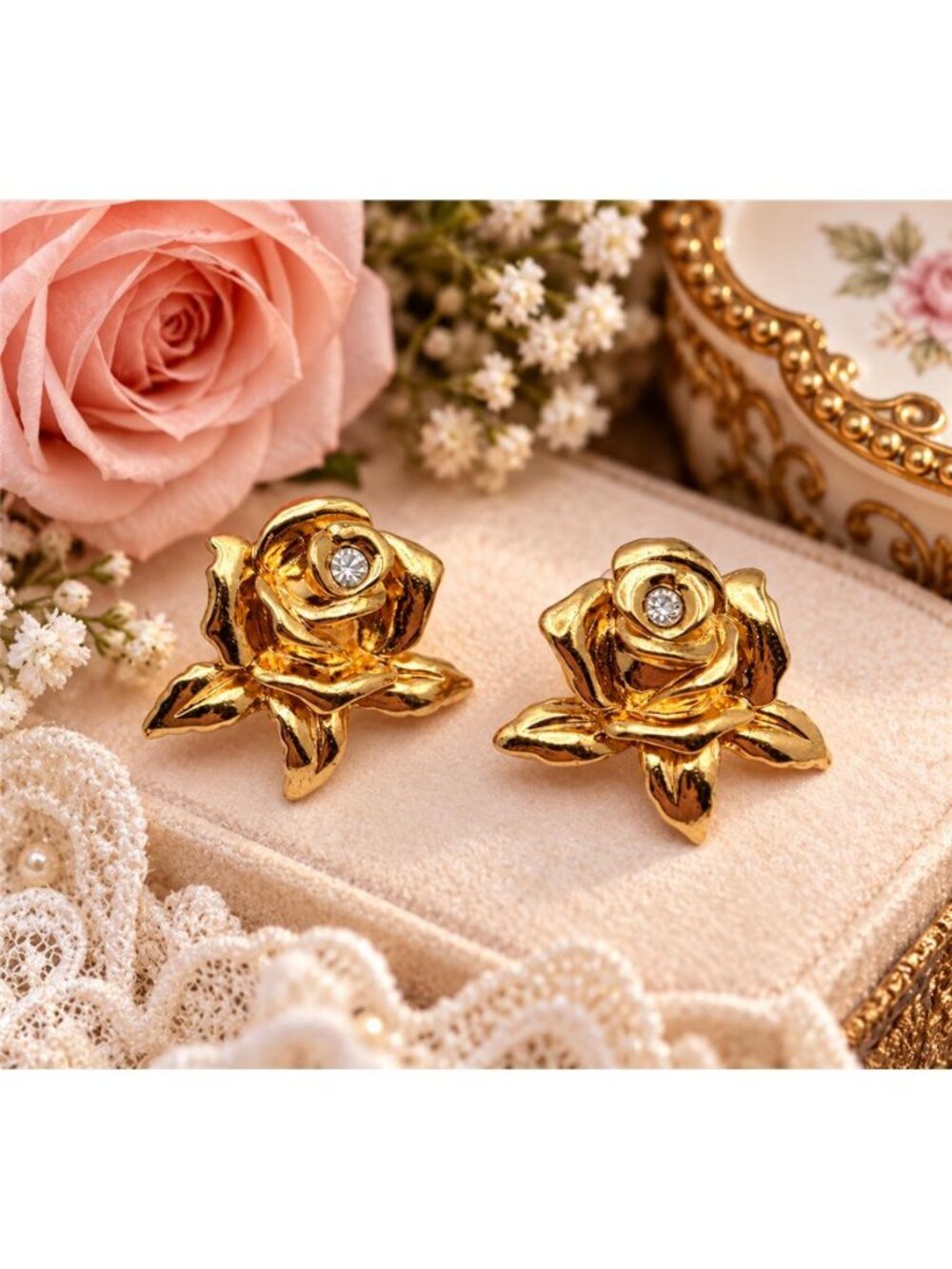 Gold Tone Rose Flower Stud Earrings Clear Rhinestone Center 21mm Floral Avon